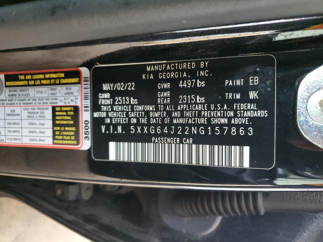 2022 KIA K5 GT LINE VIN:5XXG64J22NG157863