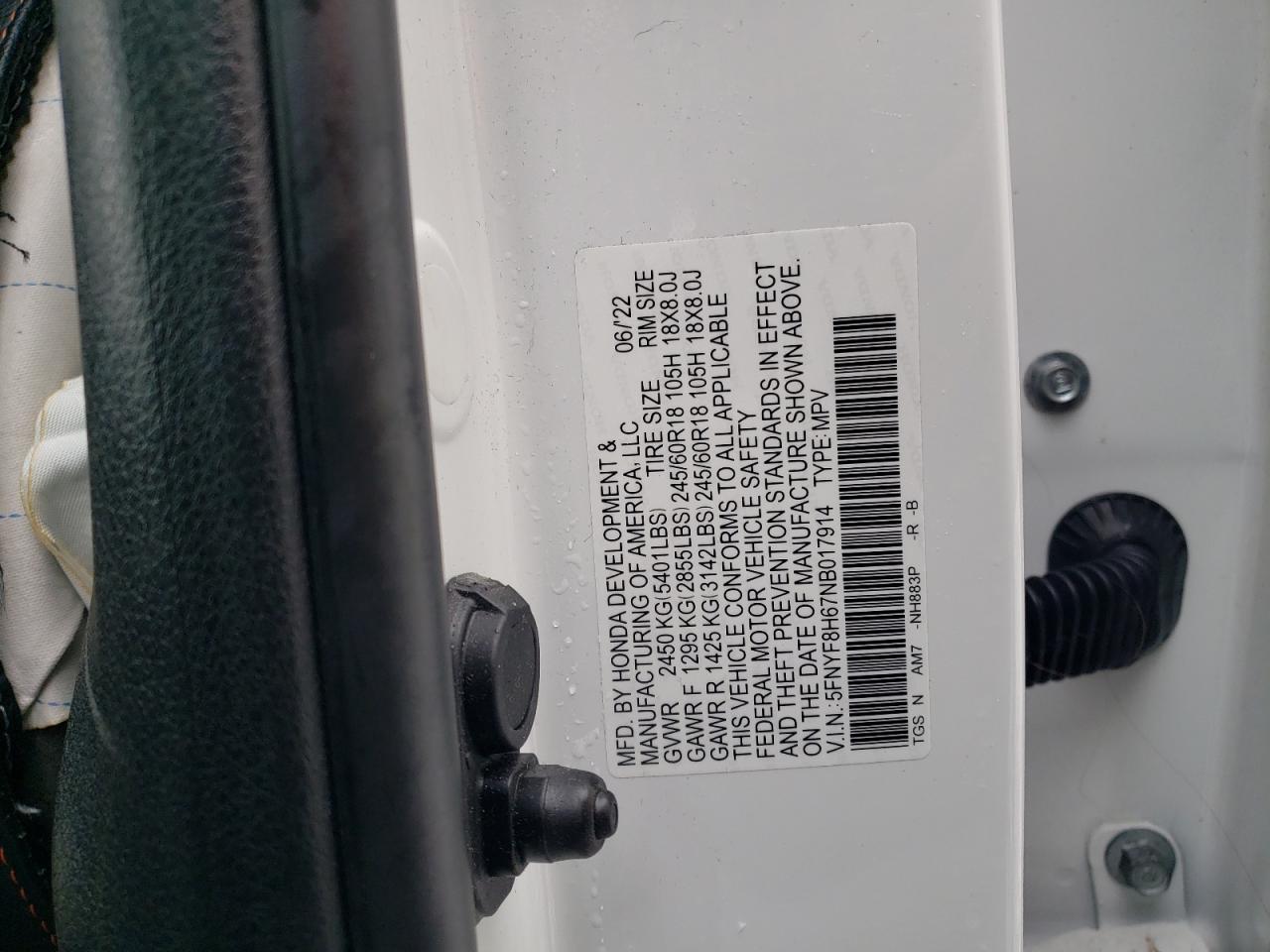 2022 HONDA PASSPORT TRAIL SPORT VIN:5FNYF8H67NB017914
