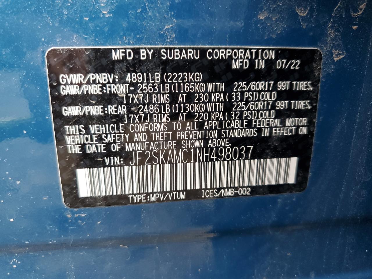 2022 SUBARU FORESTER WILDERNESS VIN:JF2SKAMC1NH498037