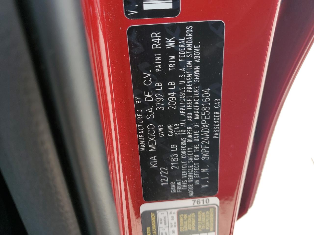 2023 KIA FORTE LX VIN:3KPF24ADXPE581604