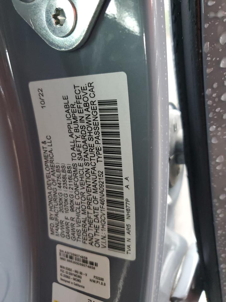 2022 HONDA ACCORD SPORT SE VIN:1HGCV1F46NA092152