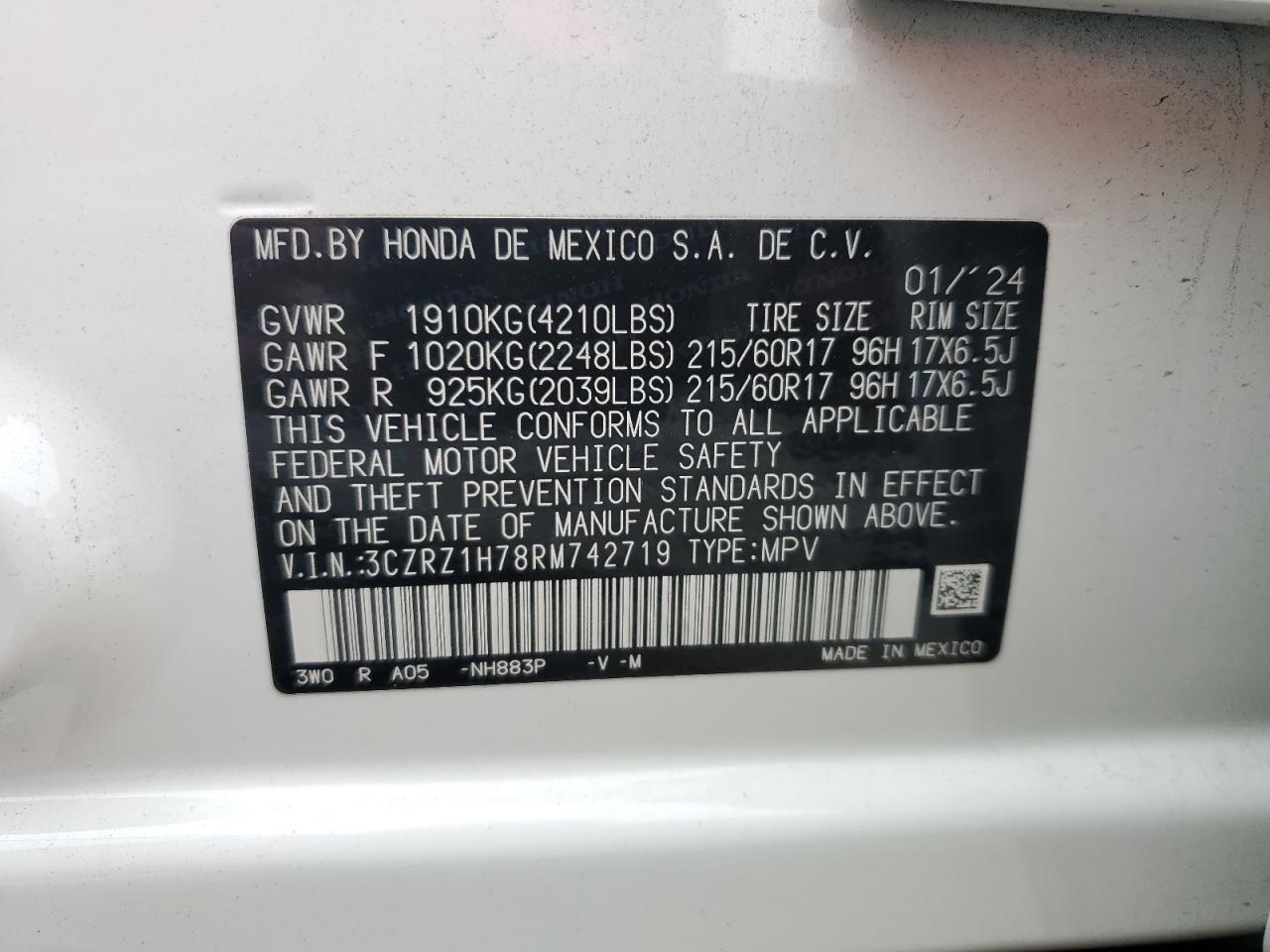 2024 HONDA HR-V EXL VIN:3CZRZ1H78RM742719