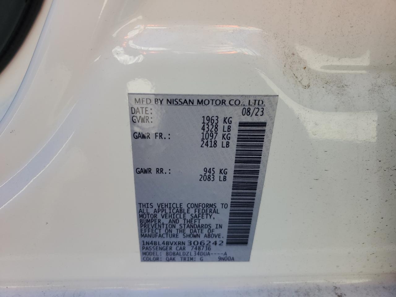 2024 NISSAN ALTIMA S VIN:1N4BL4BVXRN306242
