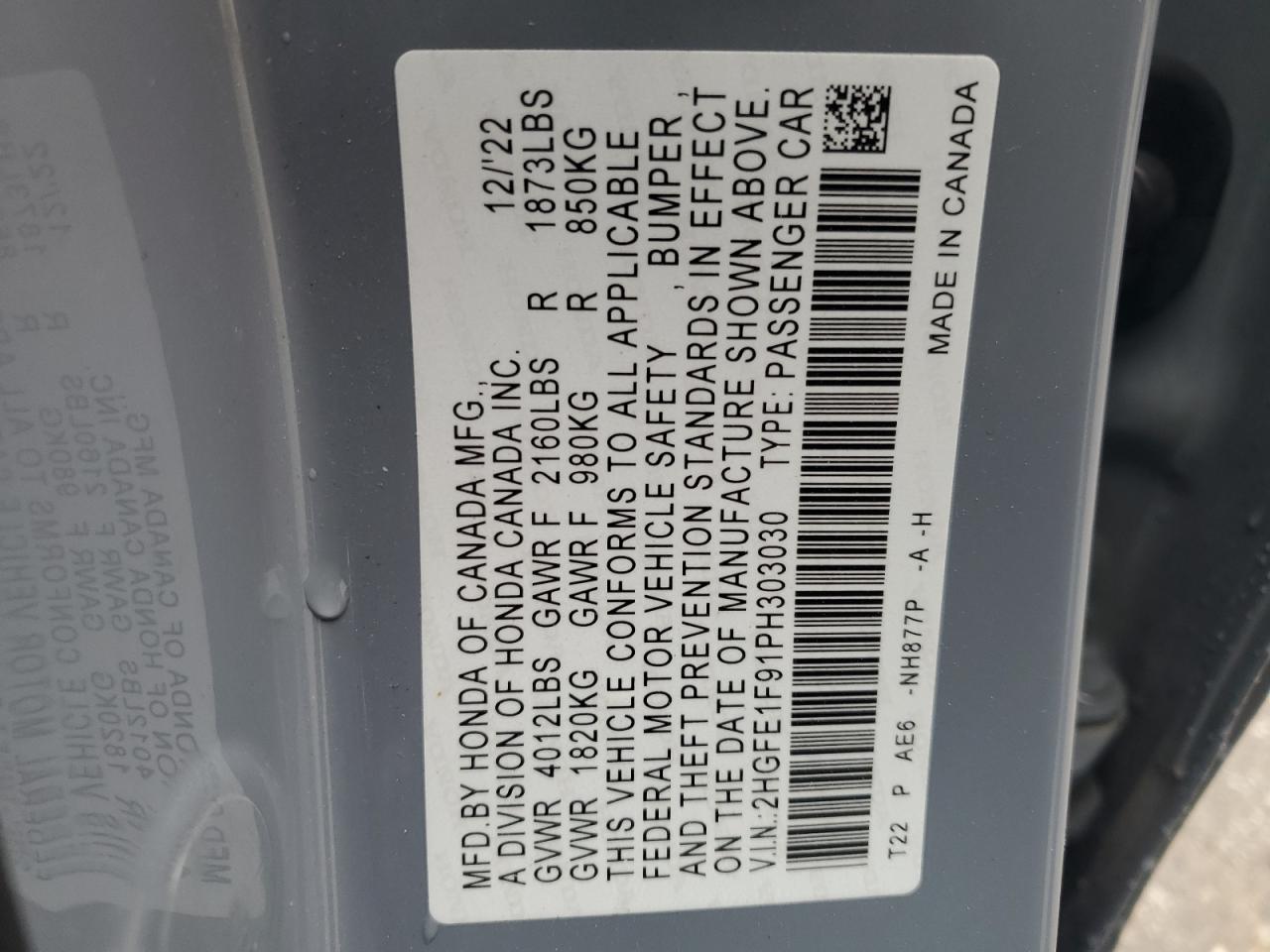 2023 HONDA CIVIC TOURING VIN:2HGFE1F91PH303030