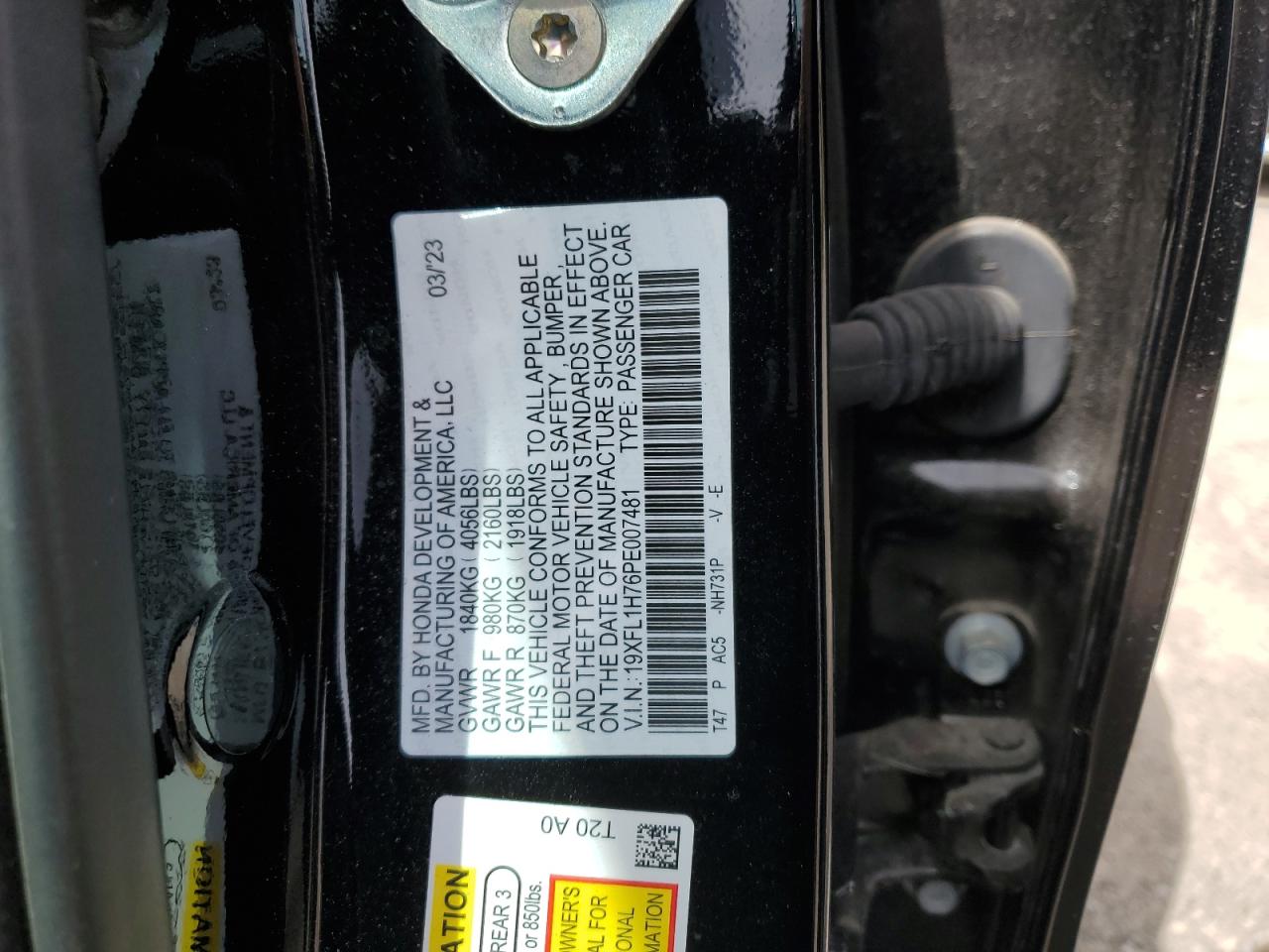2023 HONDA CIVIC EXL VIN:19XFL1H76PE007481
