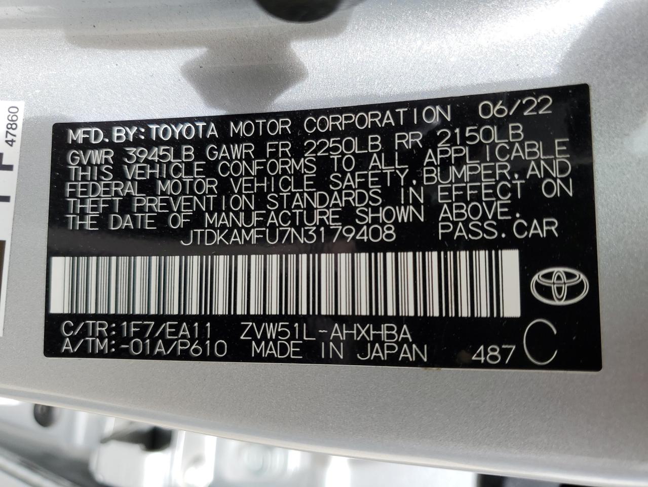 2022 TOYOTA PRIUS NIGHT SHADE VIN:JTDKAMFU7N3179408