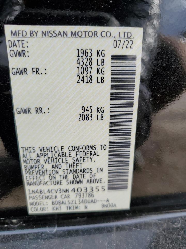 2022 NISSAN ALTIMA SR VIN:1N4BL4CV3NN403355