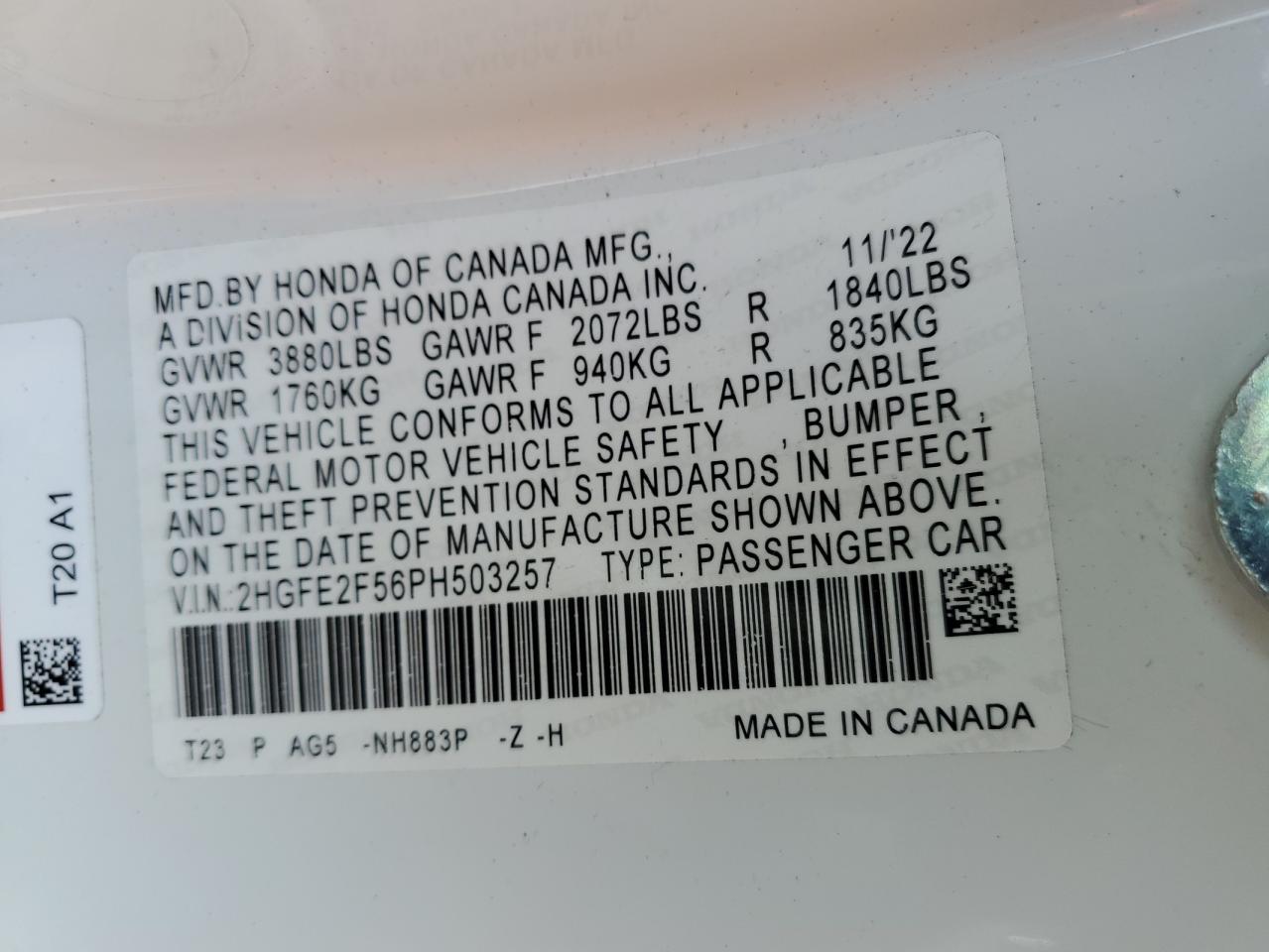 2023 HONDA CIVIC SPORT VIN:2HGFE2F56PH503257