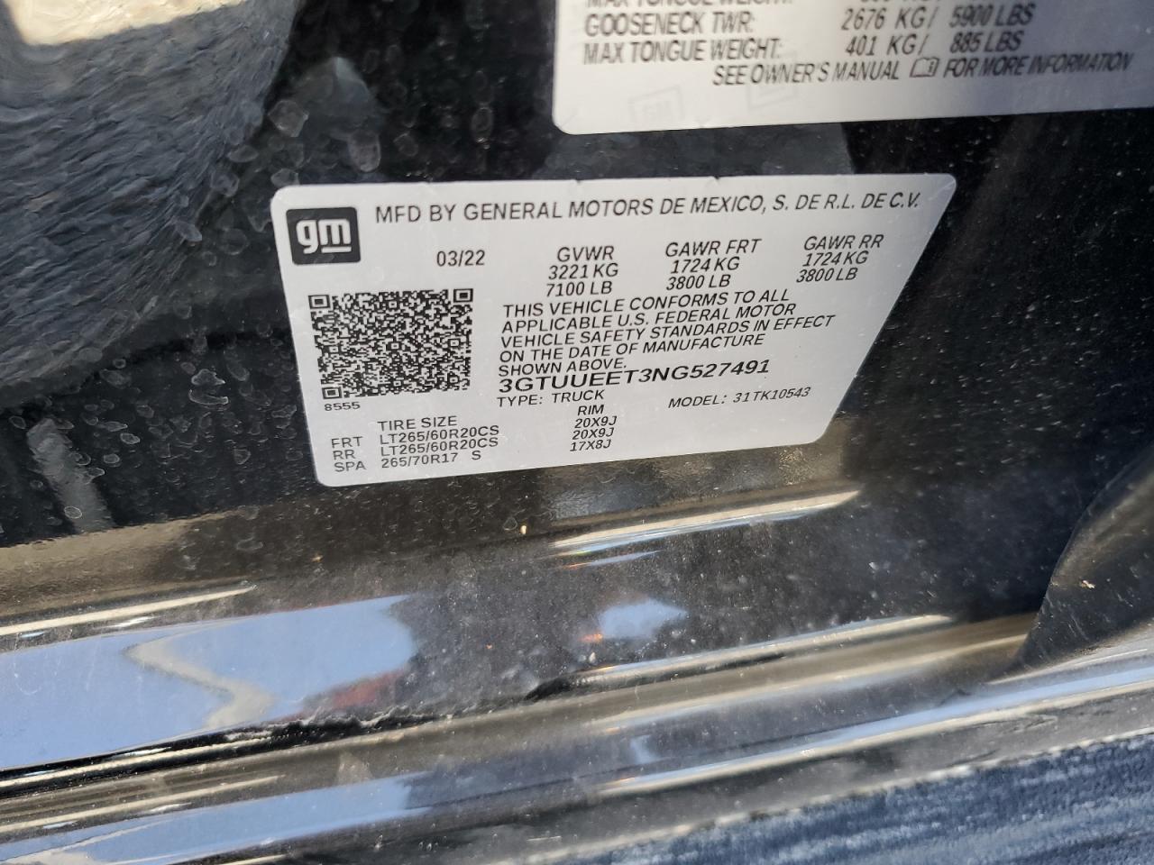 2022 GMC SIERRA K1500 AT4 VIN:3GTUUEET3NG527491