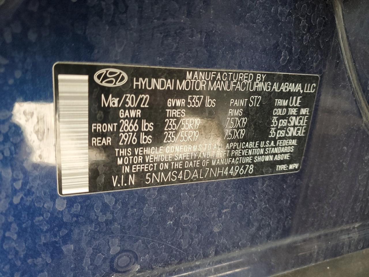 2022 HYUNDAI SANTA FE LIMITED VIN:5NMS4DAL7NH449678