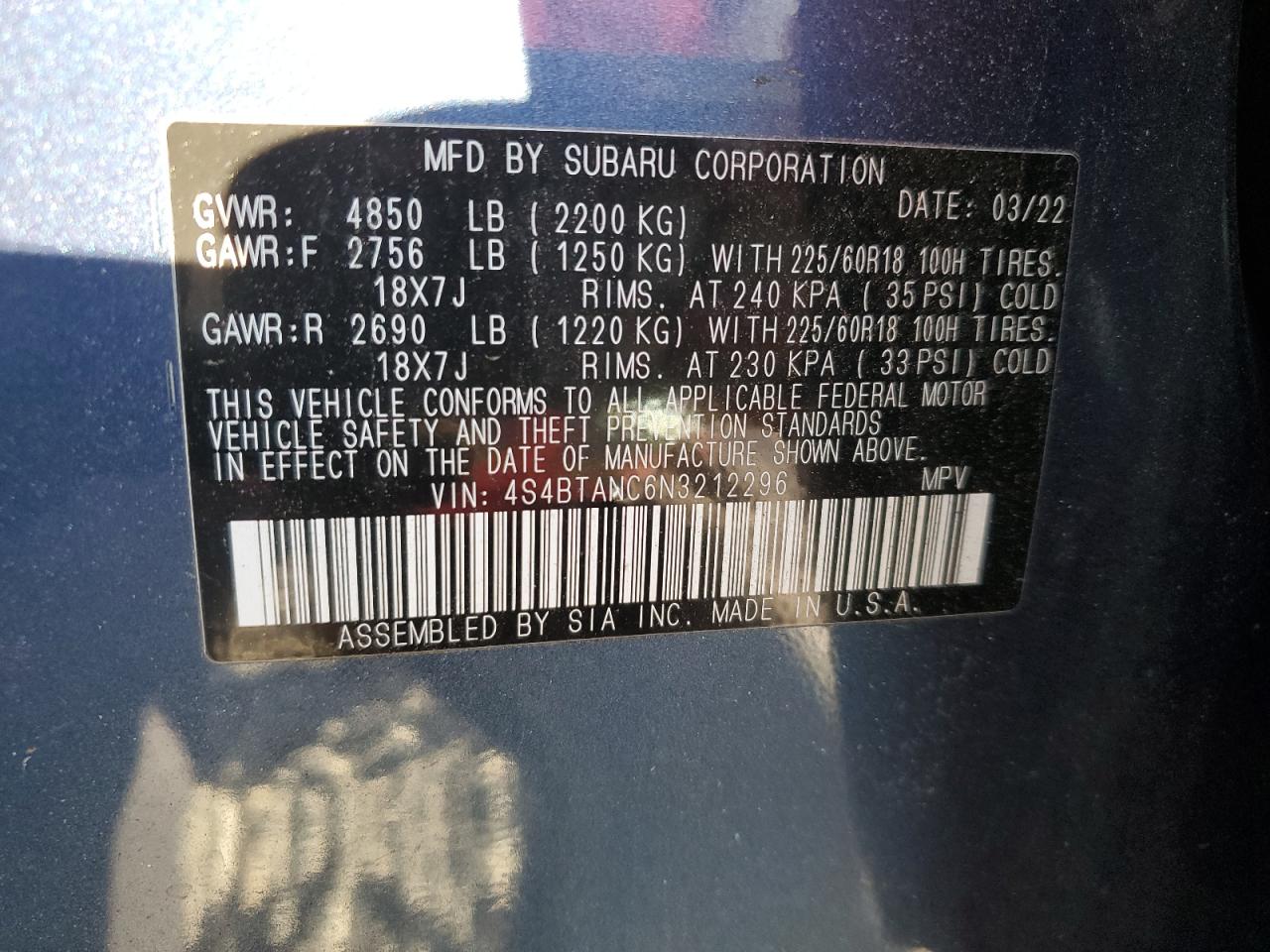 2022 SUBARU OUTBACK LIMITED VIN:4S4BTANC6N3212296