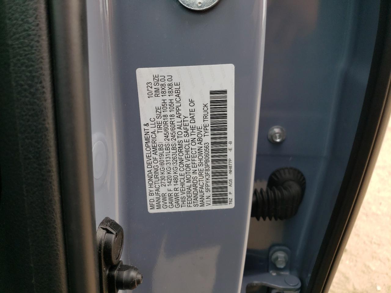 2023 HONDA RIDGELINE BLACK EDITION VIN:5FPYK3F83PB060563