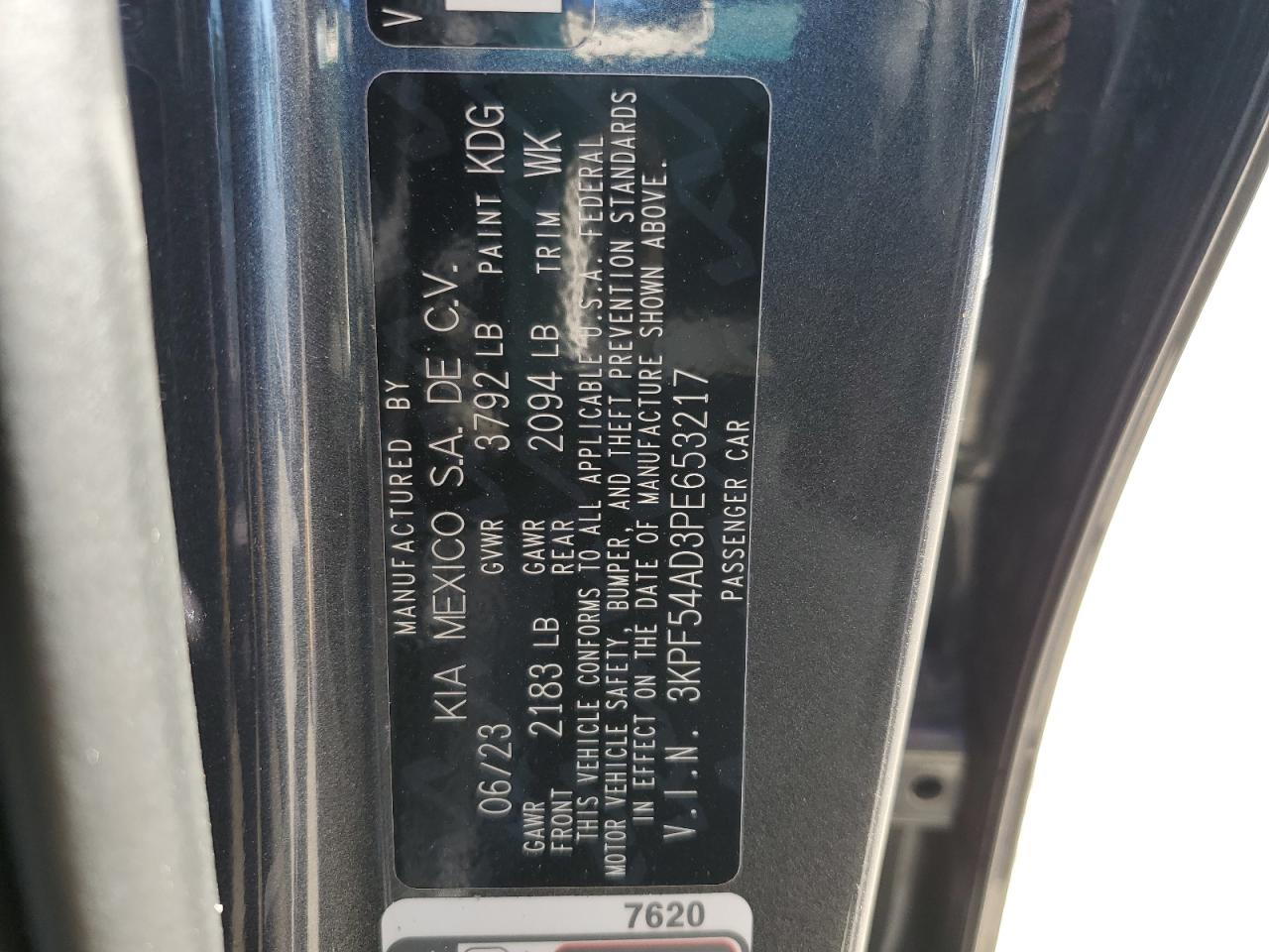 2023 KIA FORTE GT LINE VIN:3KPF54AD3PE653217
