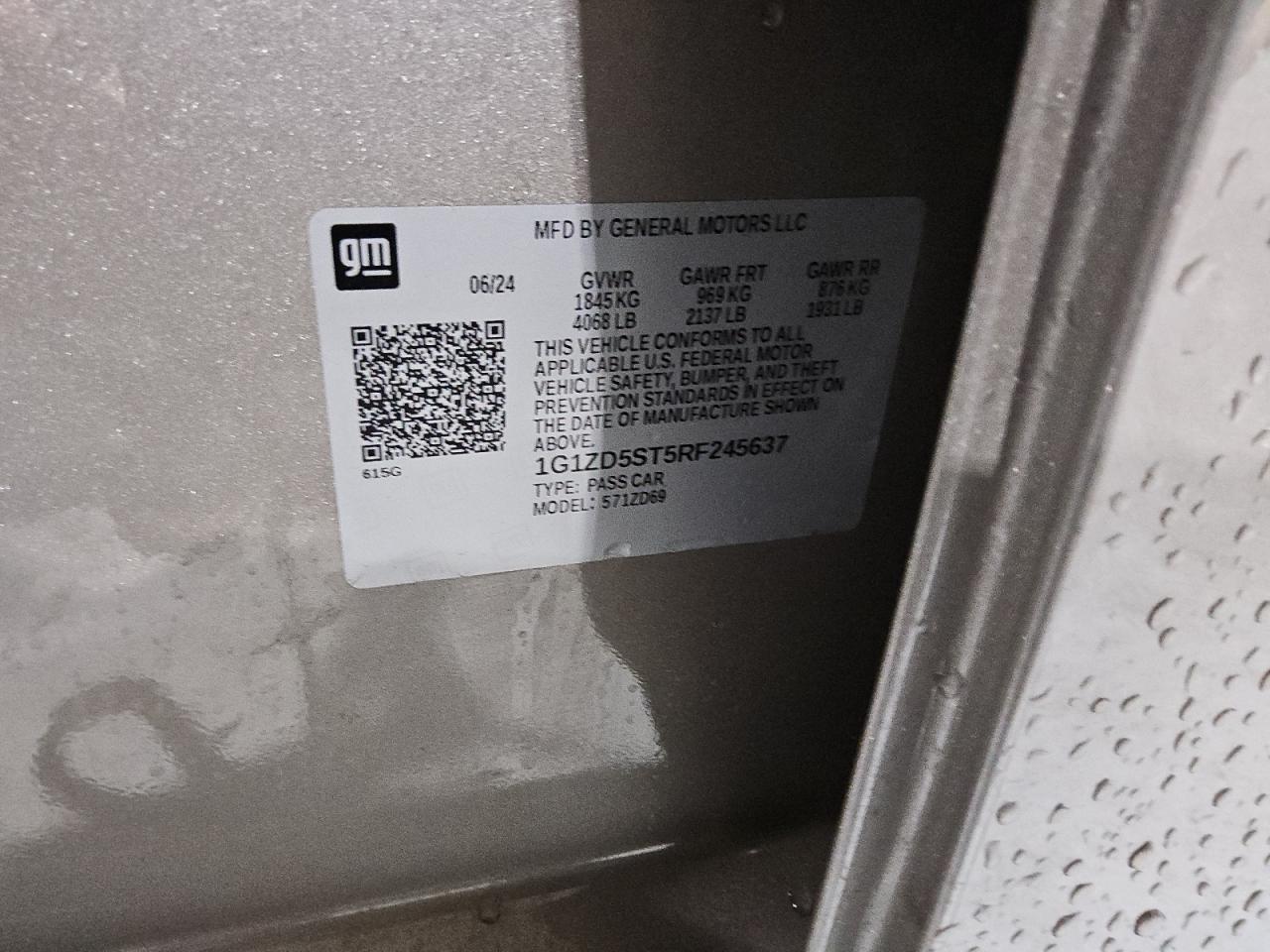 2024 CHEVROLET MALIBU LT VIN:1G1ZD5ST5RF245637