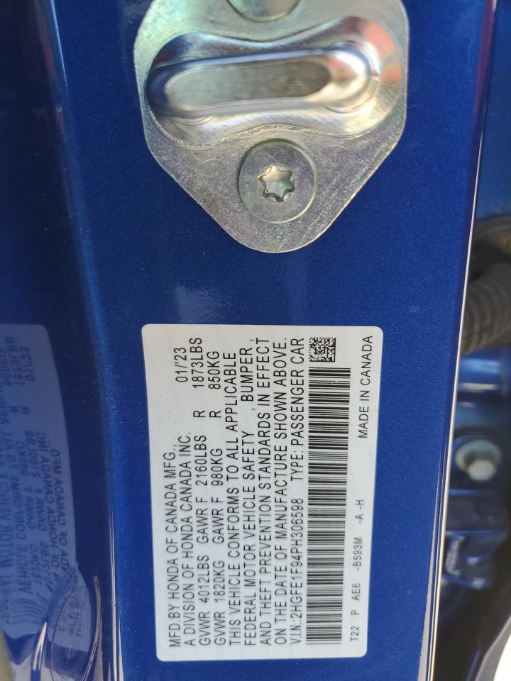 2023 HONDA CIVIC TOURING VIN:2HGFE1F94PH306598