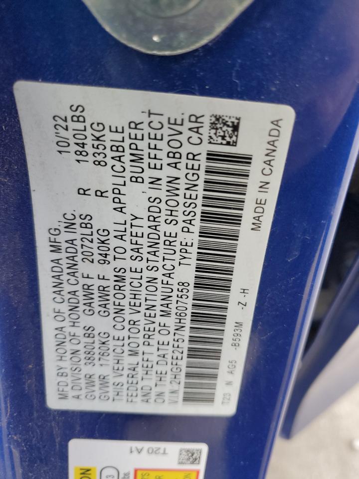 2022 HONDA CIVIC SPORT VIN:2HGFE2F57NH607558