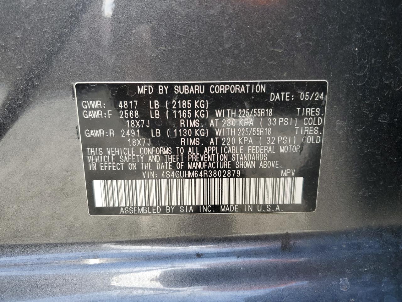 2024 SUBARU CROSSTREK LIMITED VIN:4S4GUHM64R3802879