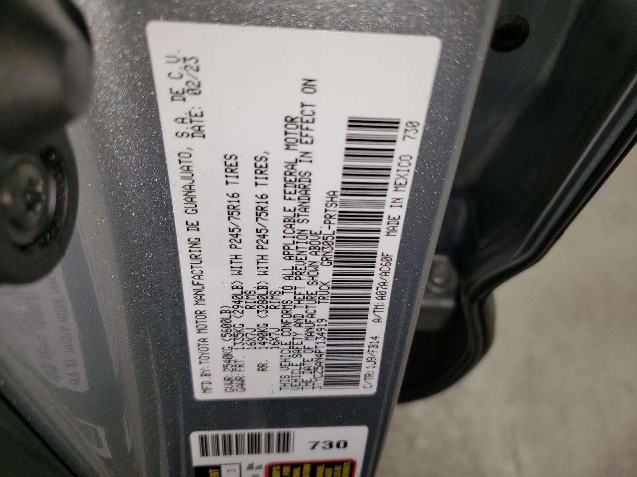 2023 TOYOTA TACOMA DOUBLE CAB VIN:3TYCZ5AN4PT134919