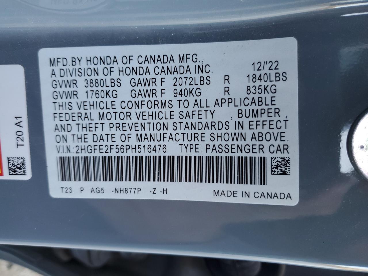 2023 HONDA CIVIC SPORT VIN:2HGFE2F56PH516476