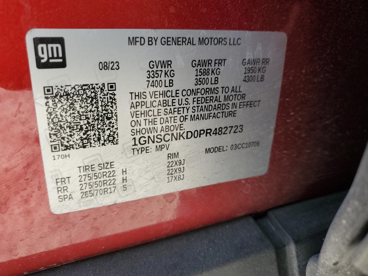 2023 CHEVROLET TAHOE C1500 LT VIN:1GNSCNKD0PR482723