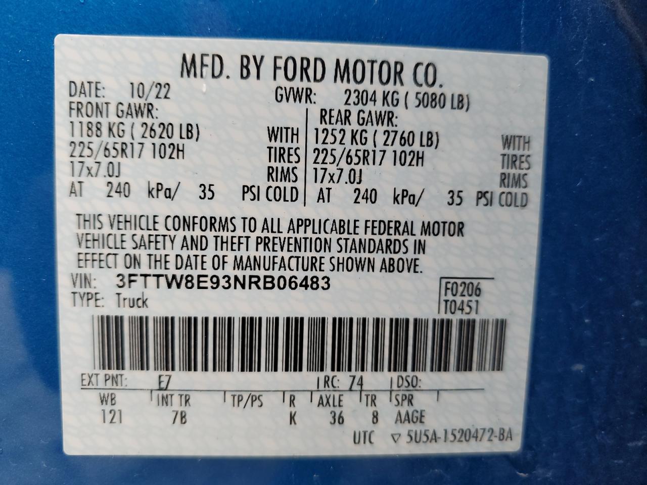 2022 FORD MAVERICK XL VIN:3FTTW8E93NRB06483