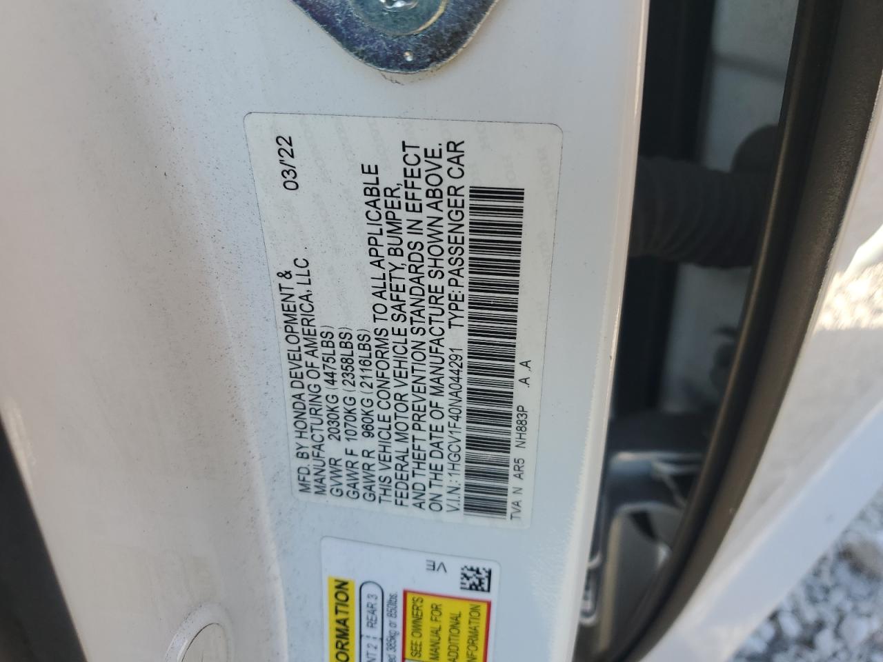 2022 HONDA ACCORD SPORT SE VIN:1HGCV1F40NA044291