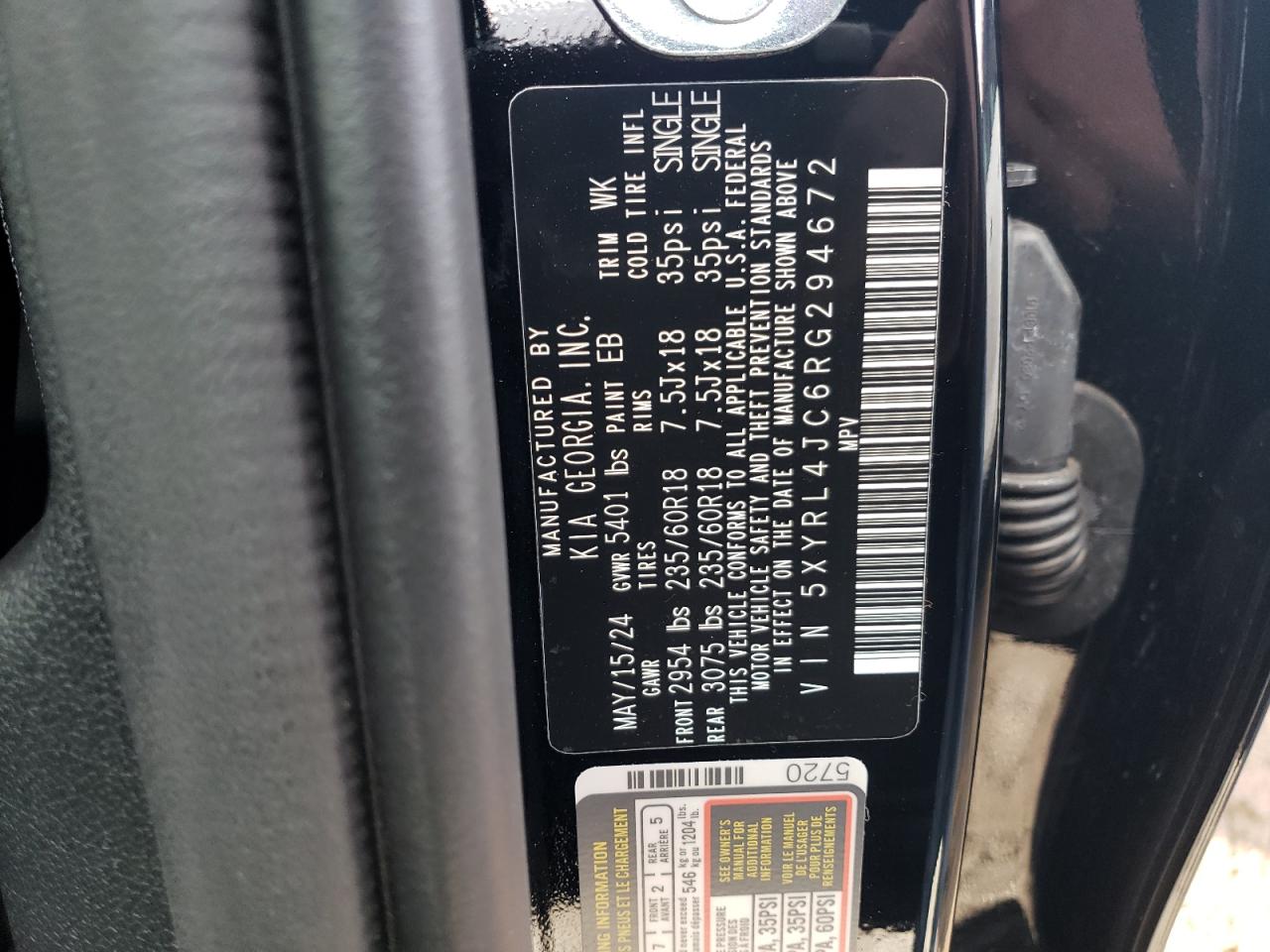 2024 KIA SORENTO S VIN:5XYRL4JC6RG294672