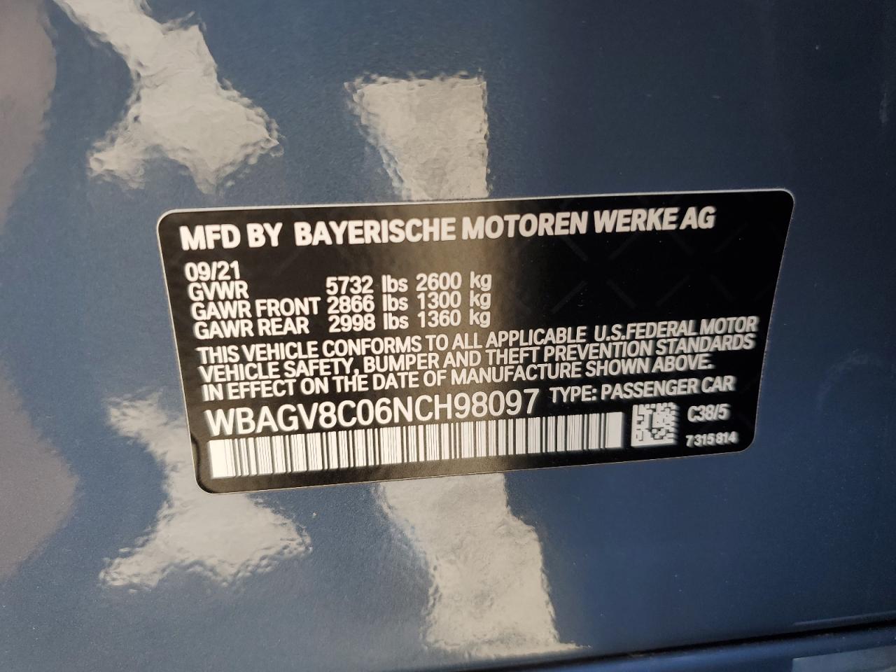 2022 BMW M850XI  VIN:WBAGV8C06NCH98097