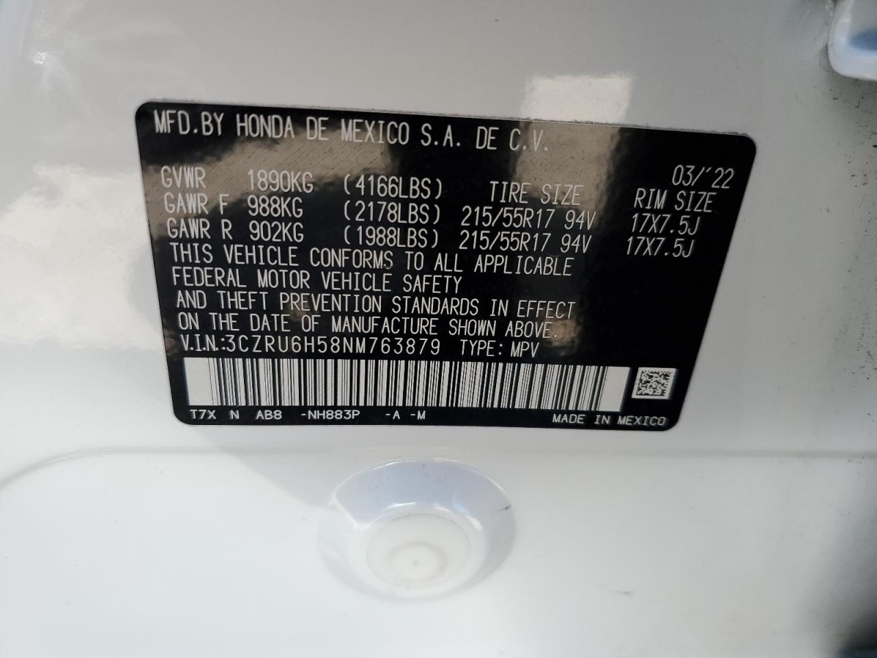 2022 HONDA HR-V EX VIN:3CZRU6H58NM763879