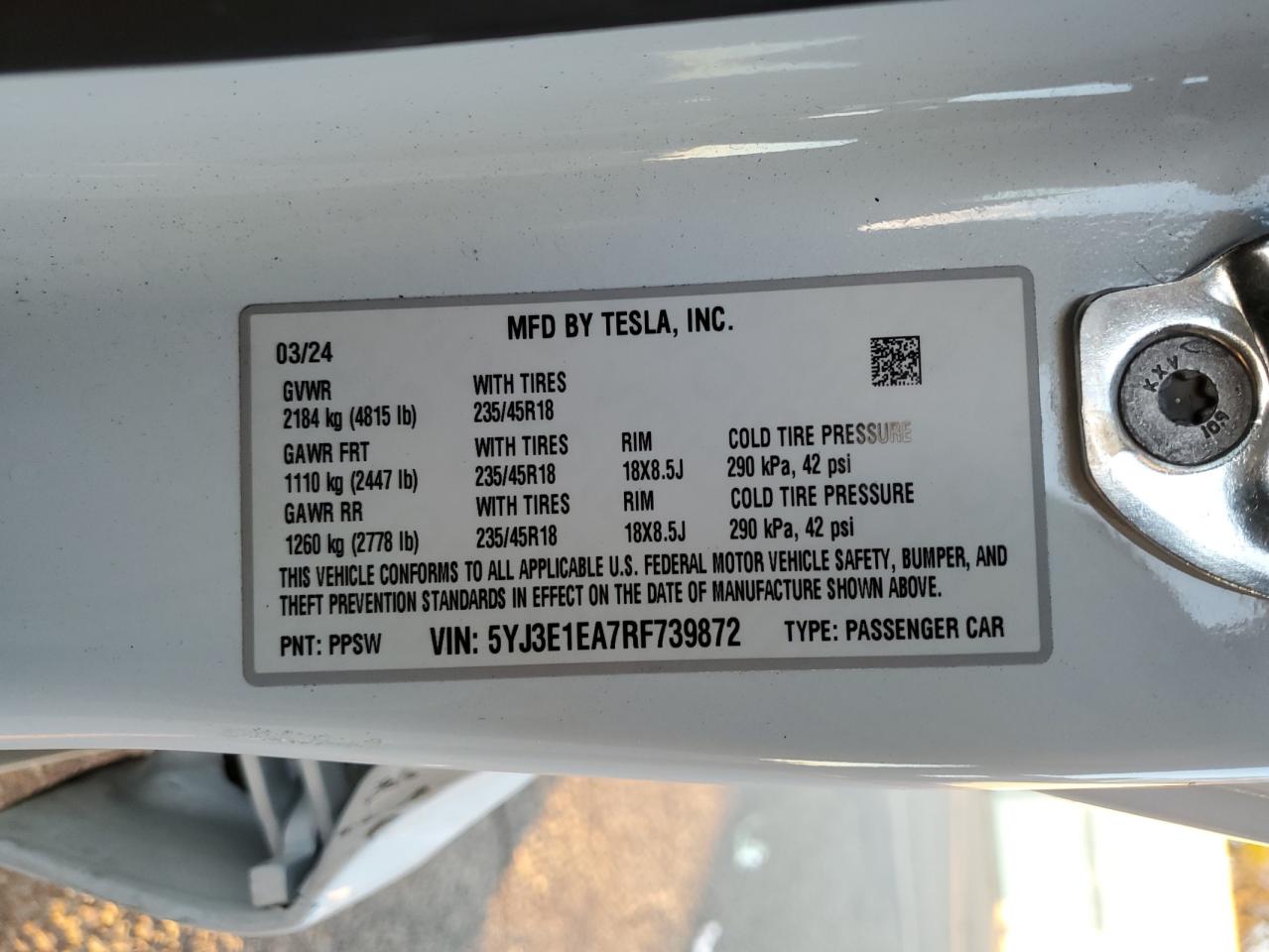 2024 TESLA MODEL 3  VIN:5YJ3E1EA7RF739872