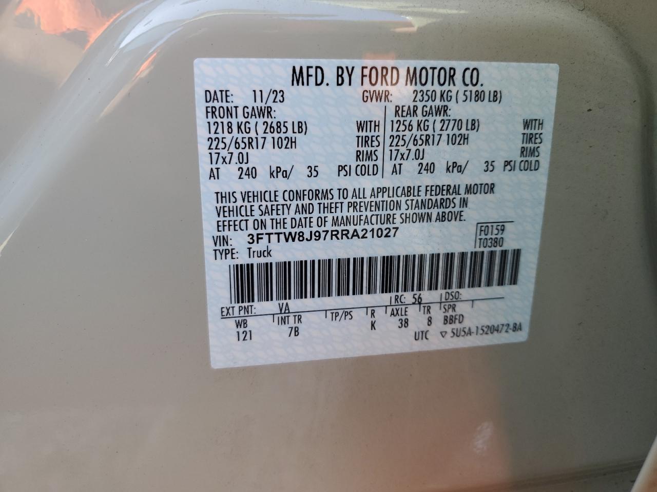 2024 FORD MAVERICK XLT VIN:3FTTW8J97RRA21027