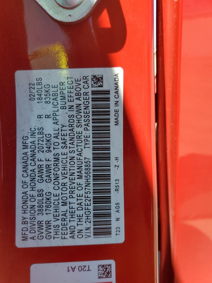 2022 HONDA CIVIC SPORT VIN:2HGFE2F57NH568857