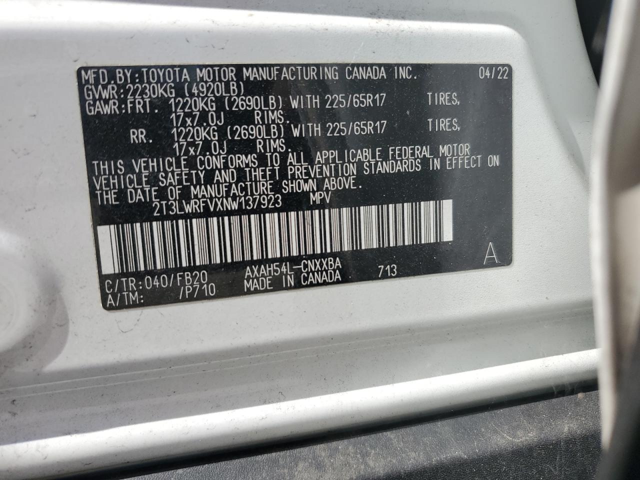 2022 TOYOTA RAV4 LE VIN:2T3LWRFVXNW137923