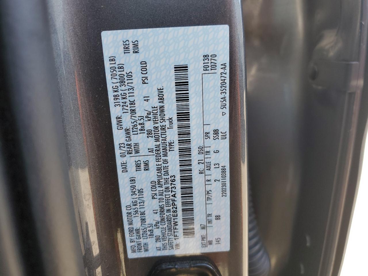 2023 FORD F150 SUPERCREW VIN:1FTFW1E82PFA73763