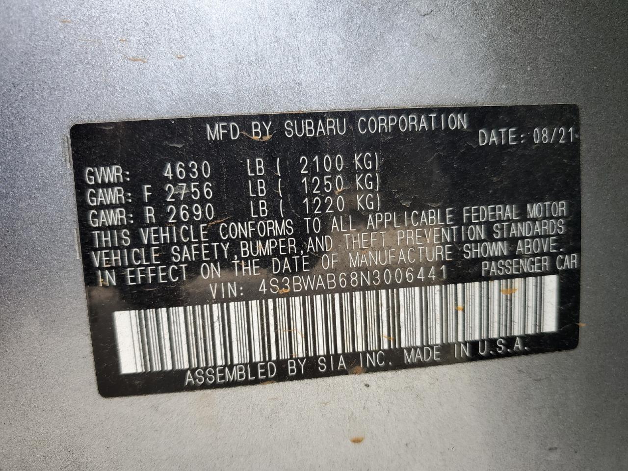 2022 SUBARU LEGACY VIN:4S3BWAB68N3006441