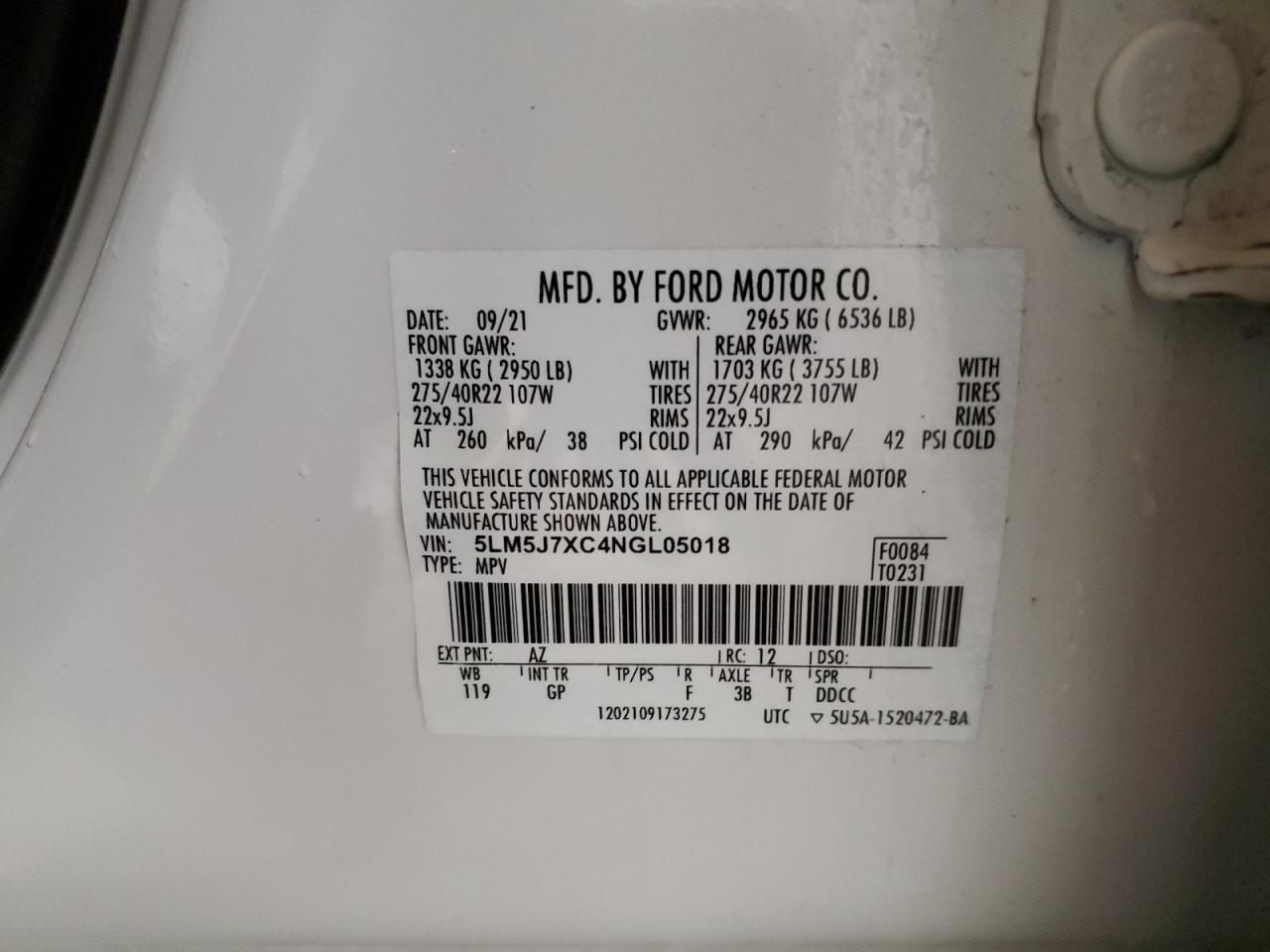 2022 LINCOLN AVIATOR RESERVE VIN:5LM5J7XC4NGL05018