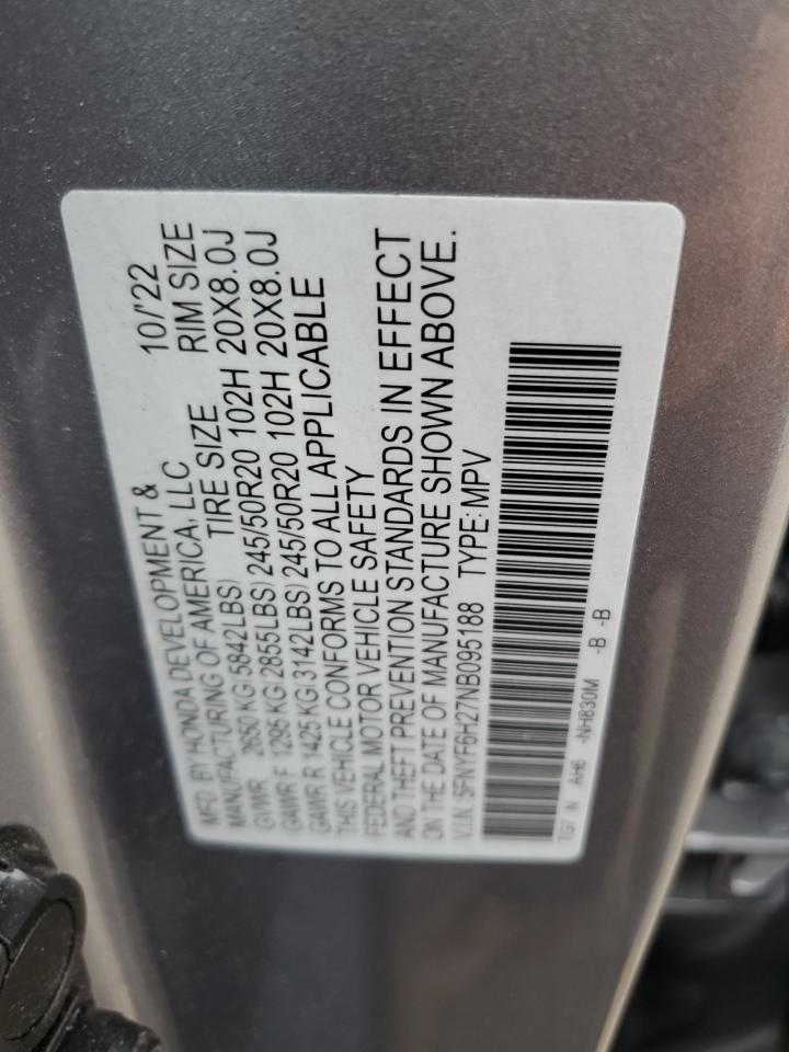 2022 HONDA PILOT SE VIN:5FNYF6H27NB095188