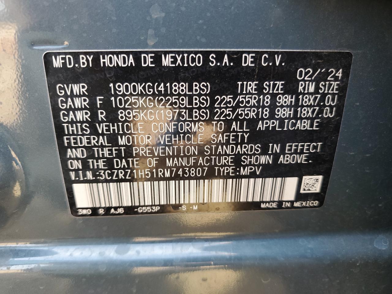 2024 HONDA HR-V SPORT VIN:3CZRZ1H51RM743807