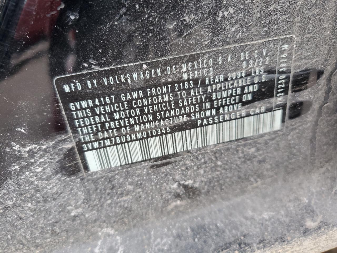 2022 VOLKSWAGEN JETTA SE VIN:3VW7M7BU9NM010345