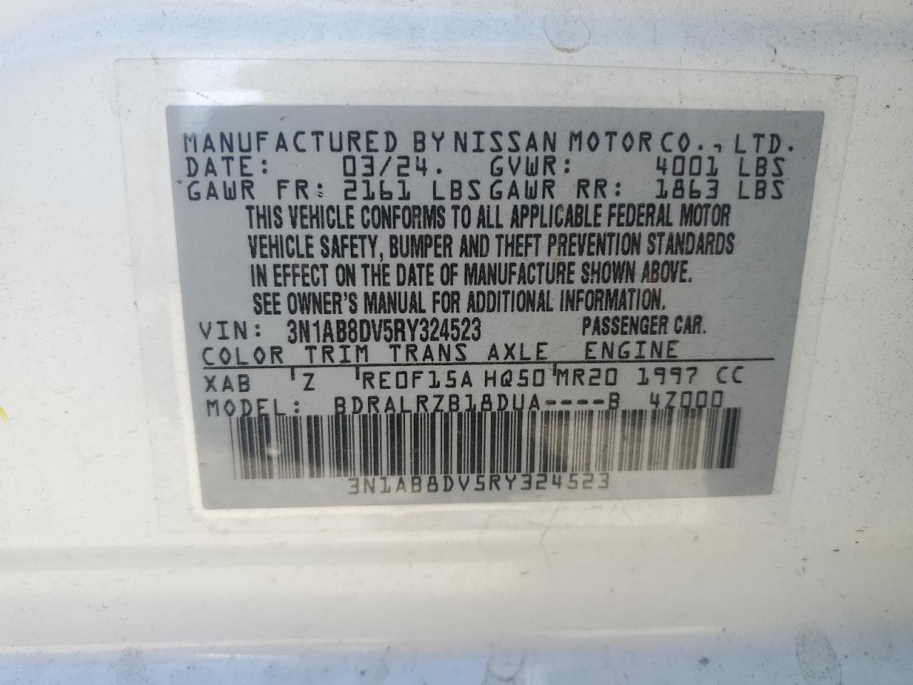 2024 NISSAN SENTRA SR VIN:3N1AB8DV5RY324523