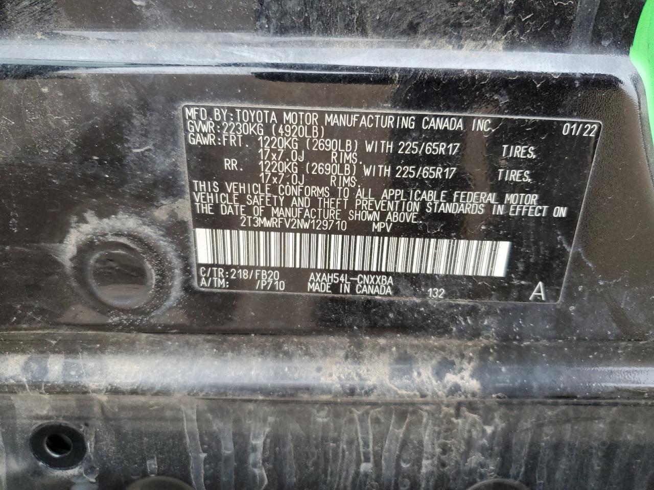 2022 TOYOTA RAV4 LE VIN:2T3MWRFV2NW129710