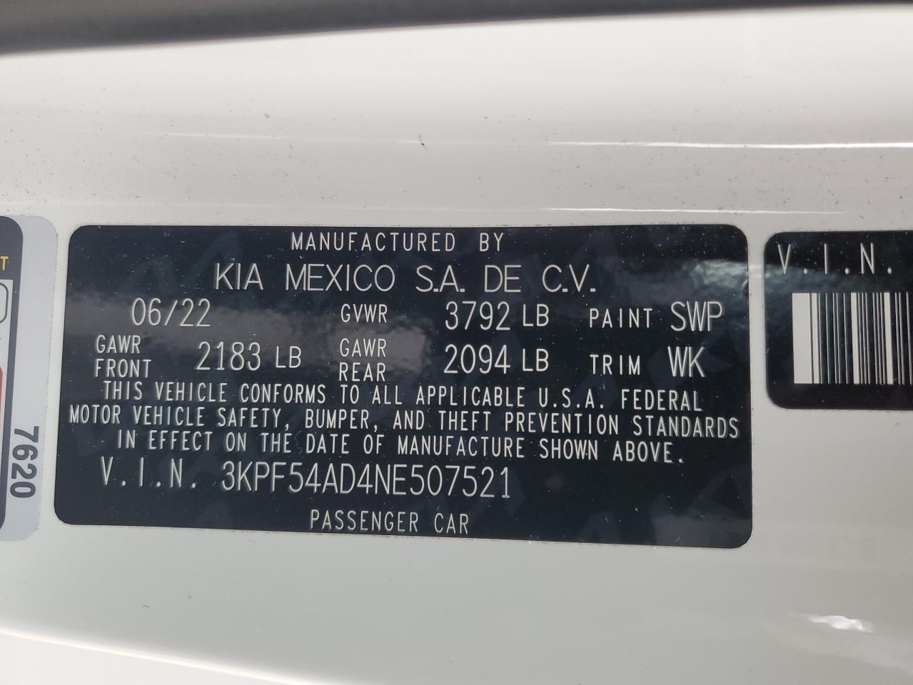 2022 KIA FORTE GT LINE VIN:3KPF54AD4NE507521