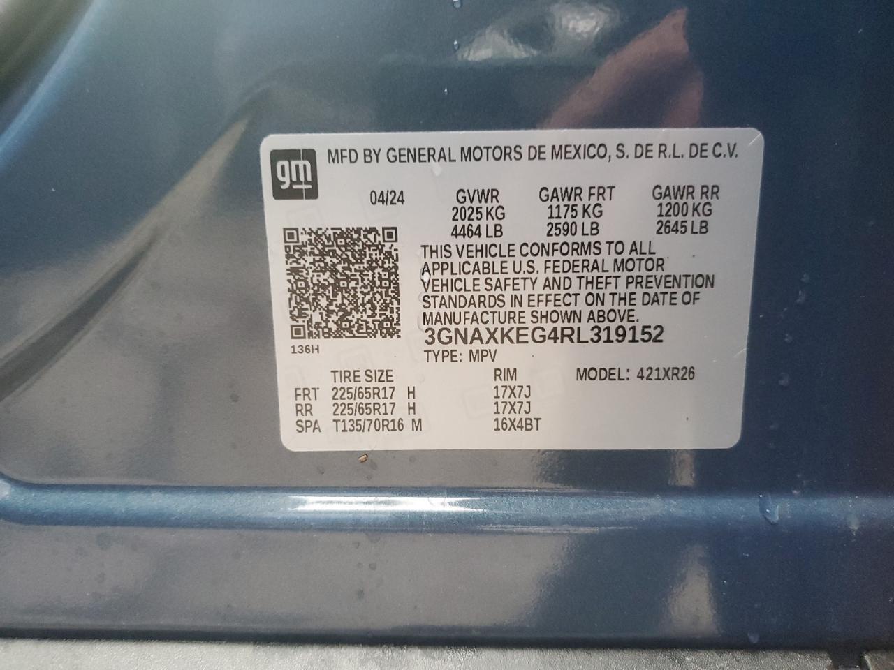 2024 CHEVROLET EQUINOX LT VIN:3GNAXKEG4RL319152