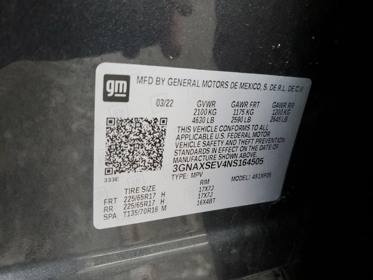 2022 CHEVROLET EQUINOX LS VIN:3GNAXSEV4NS164505