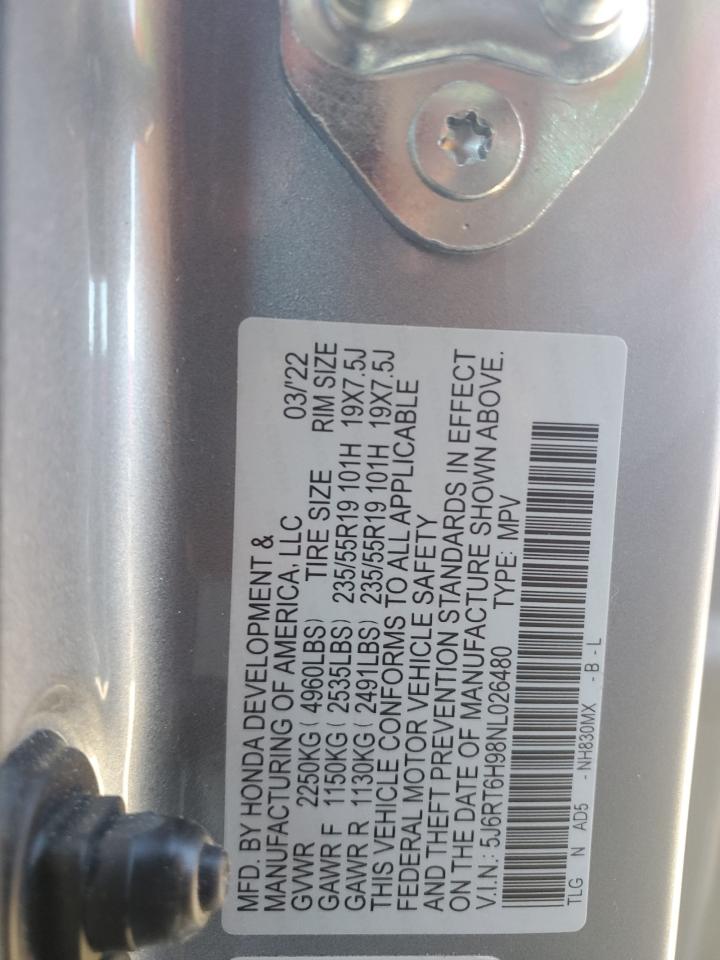 2022 HONDA CR-V TOURING VIN:5J6RT6H98NL026480