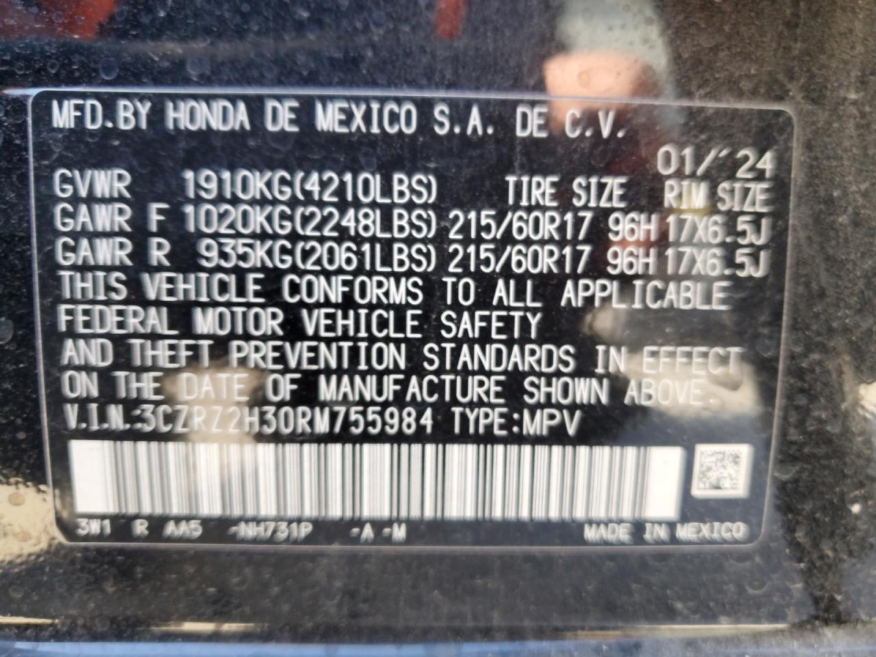 2024 HONDA HR-V LX VIN:3CZRZ2H30RM755984