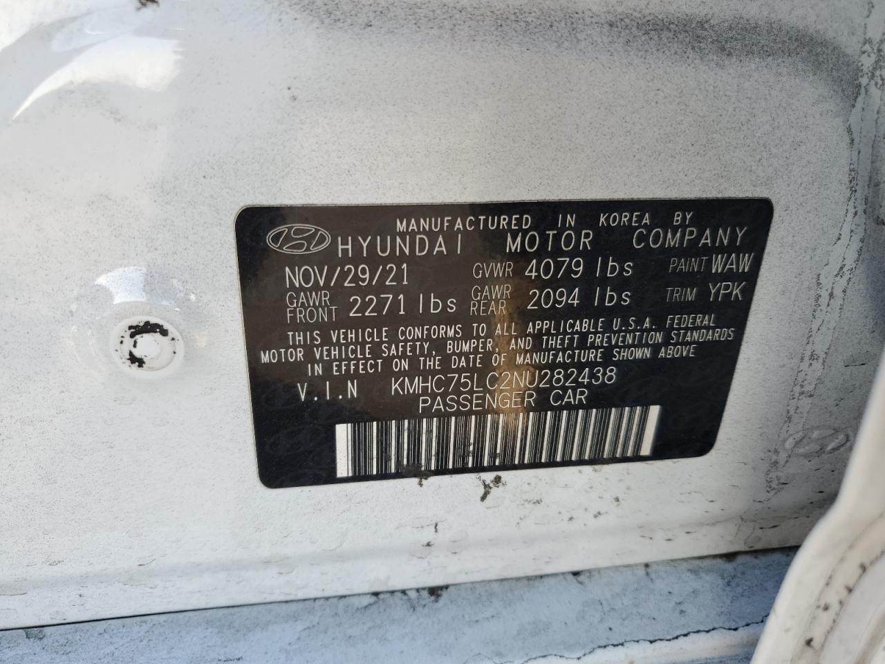 2022 HYUNDAI IONIQ SE VIN:KMHC75LC2NU282438