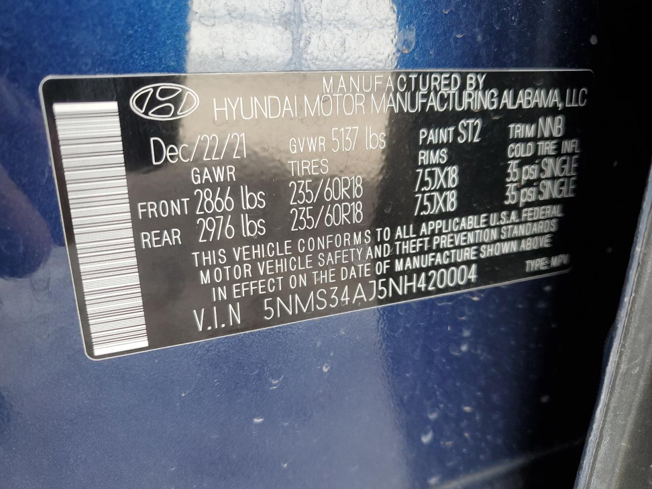 2022 HYUNDAI SANTA FE SEL VIN:5NMS34AJ5NH420004