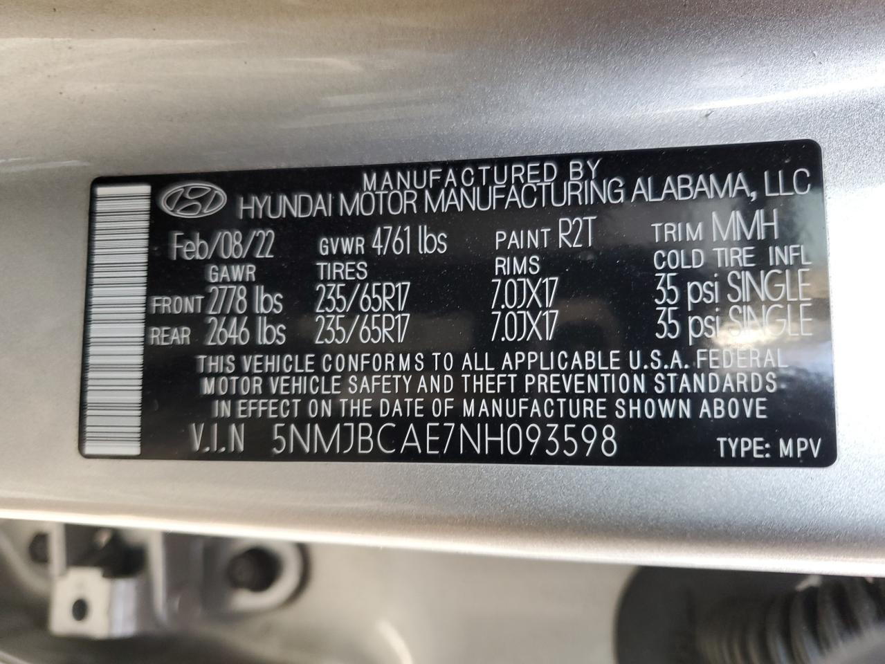 2022 HYUNDAI TUCSON SEL VIN:5NMJBCAE7NH093598