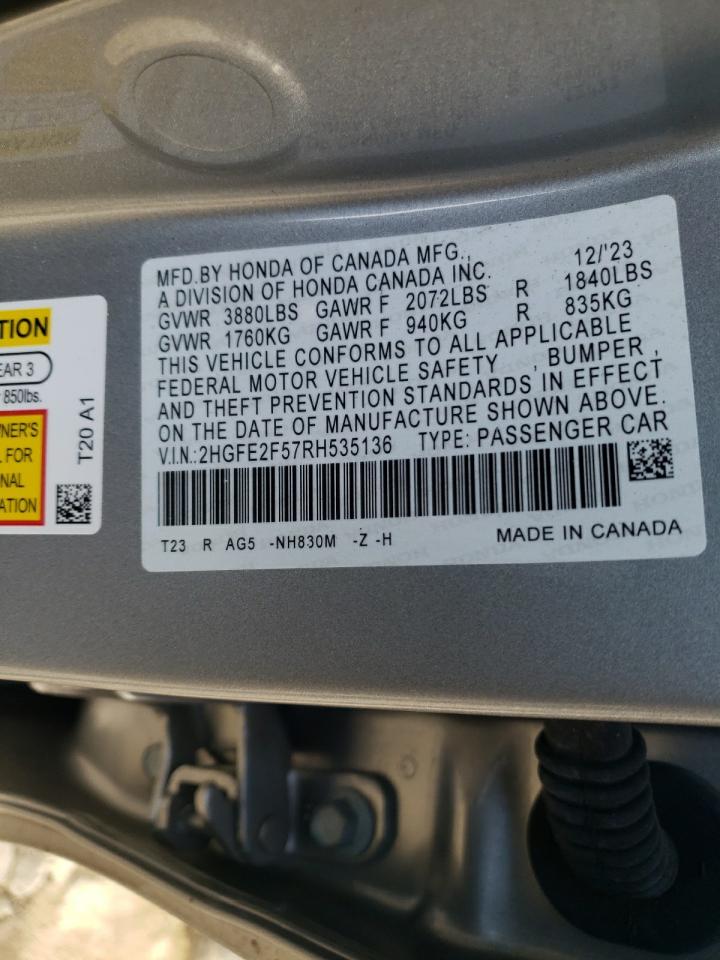 2024 HONDA CIVIC SPORT VIN:2HGFE2F57RH535136